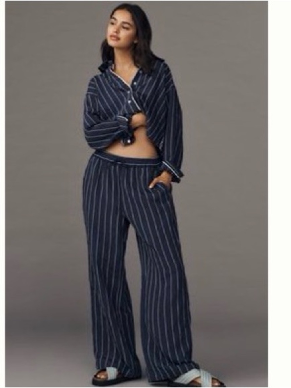 Anthropologie Navy and White Pinstripe Wide-Leg Pants